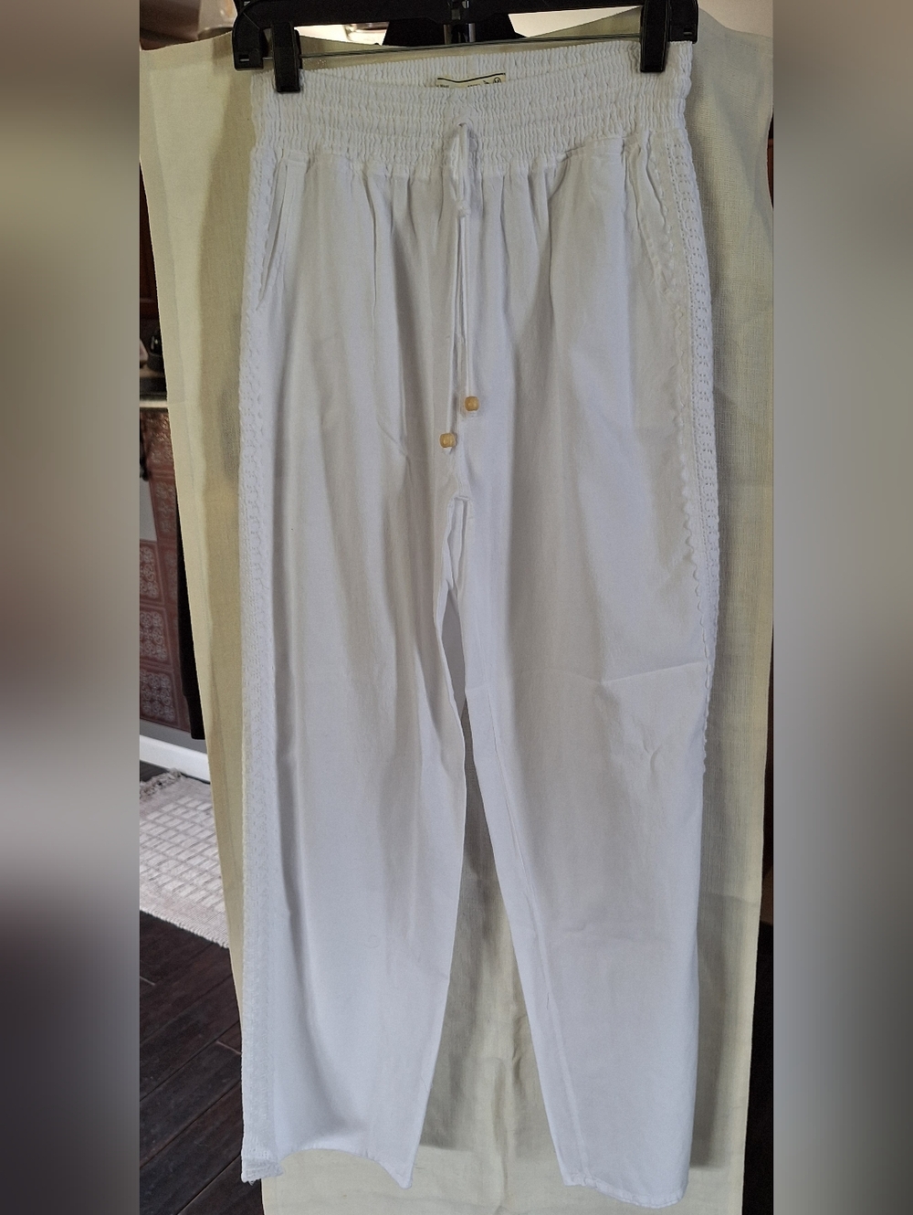 Seaspice White Linen Cotton Pants Medium Drawstring Lace Trim Resort New
